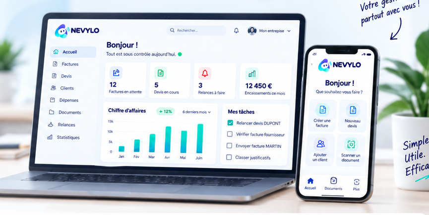 Aperçu de l'interface Nevylo sur ordinateur et mobile
